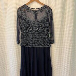 NWT Pisarro Nights Illusion Beaded A-Line Gown Navy Size 10P